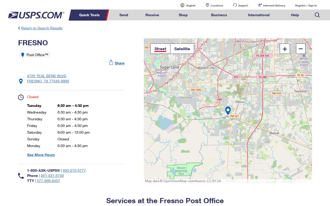 Fresno ZIP code directory view of the USPS Fresno Post Office record