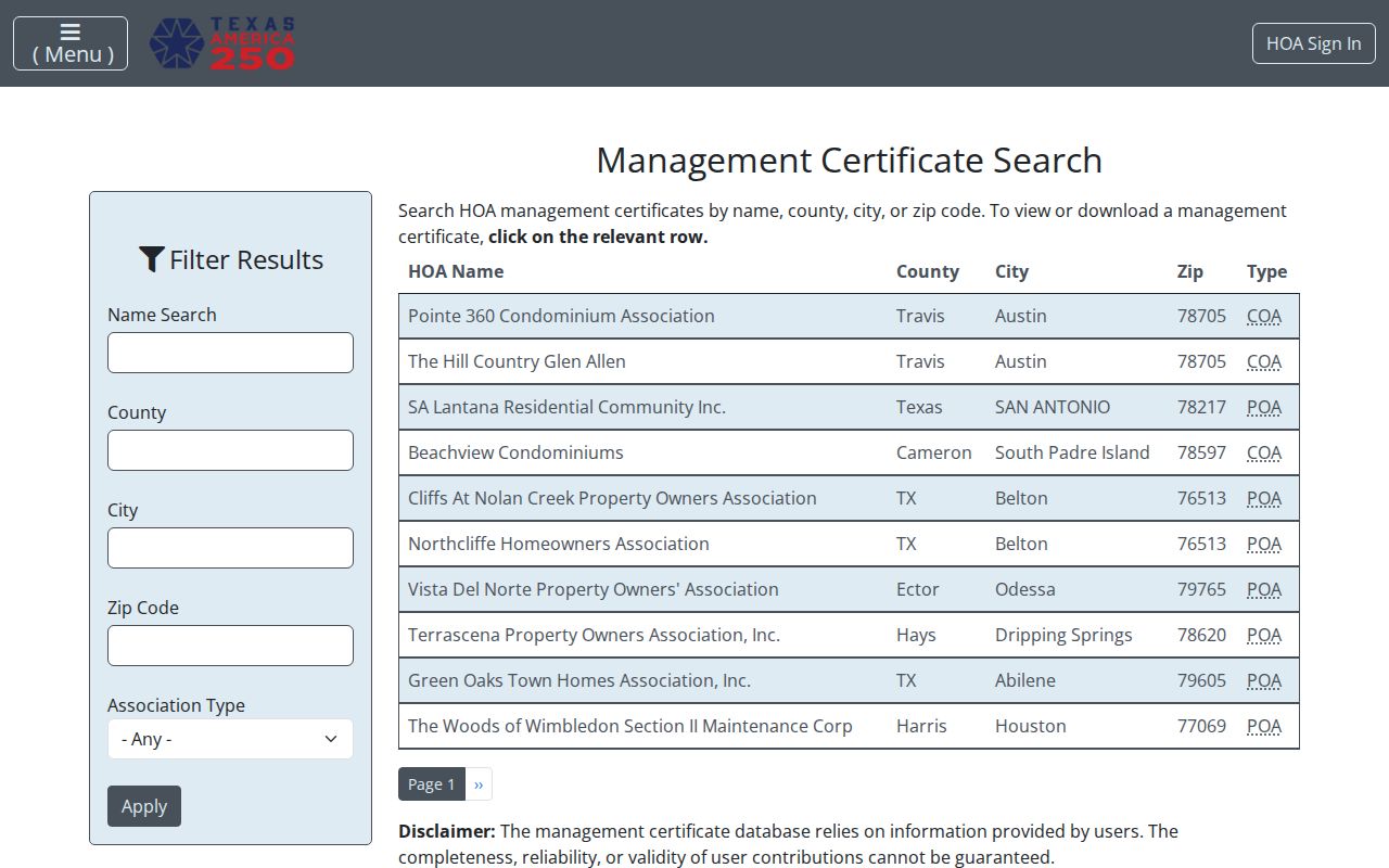 Fresno neighbors search in the Texas HOA management certificate database