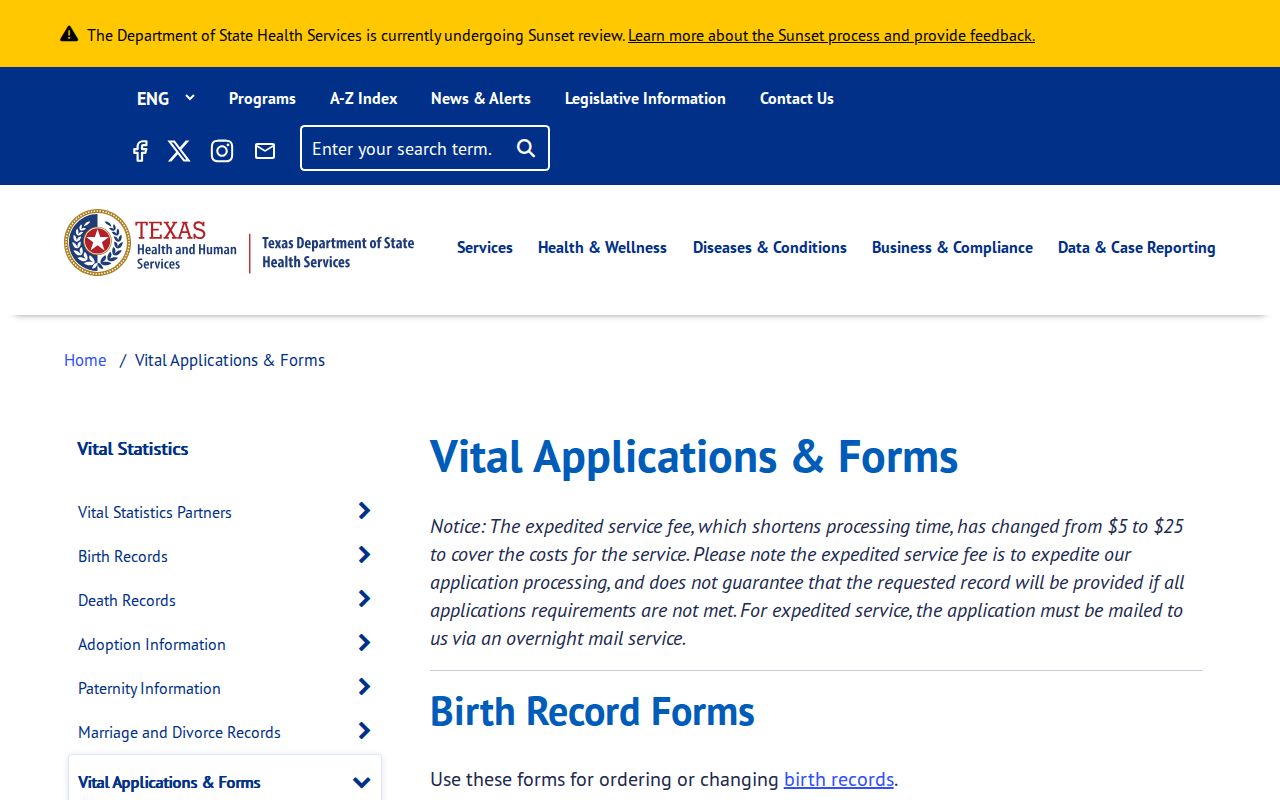 Fresno resident lookup Texas DSHS vital record application forms